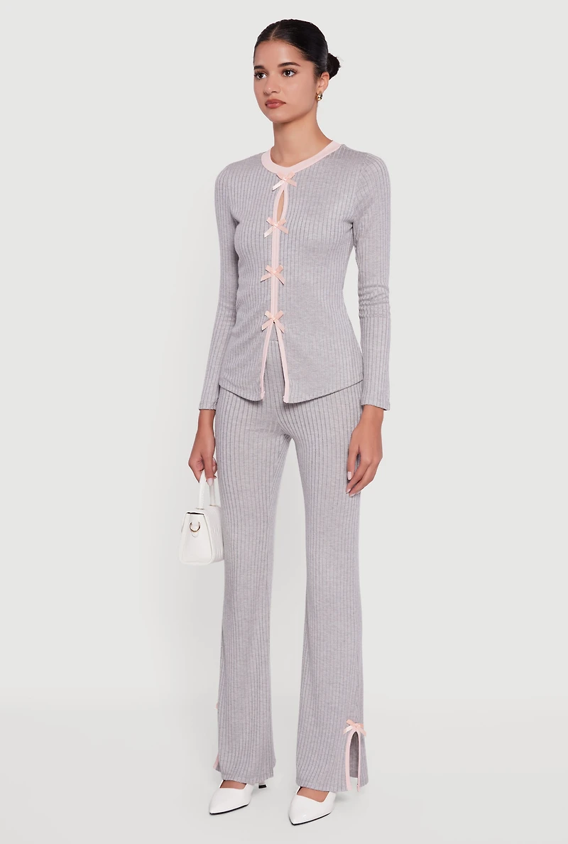 Ribbed Knit Long Sleeve Crew Neck Top with Bows