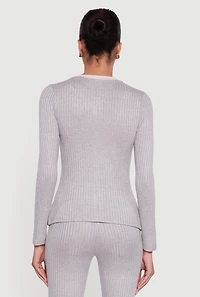 Womens Ribbed Knit Long Sleeve Crew Neck Top with Bows, Grey, Size M