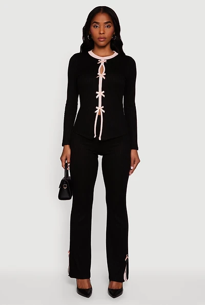 Womens High Waisted Slim Bootcut Pants with Bows,