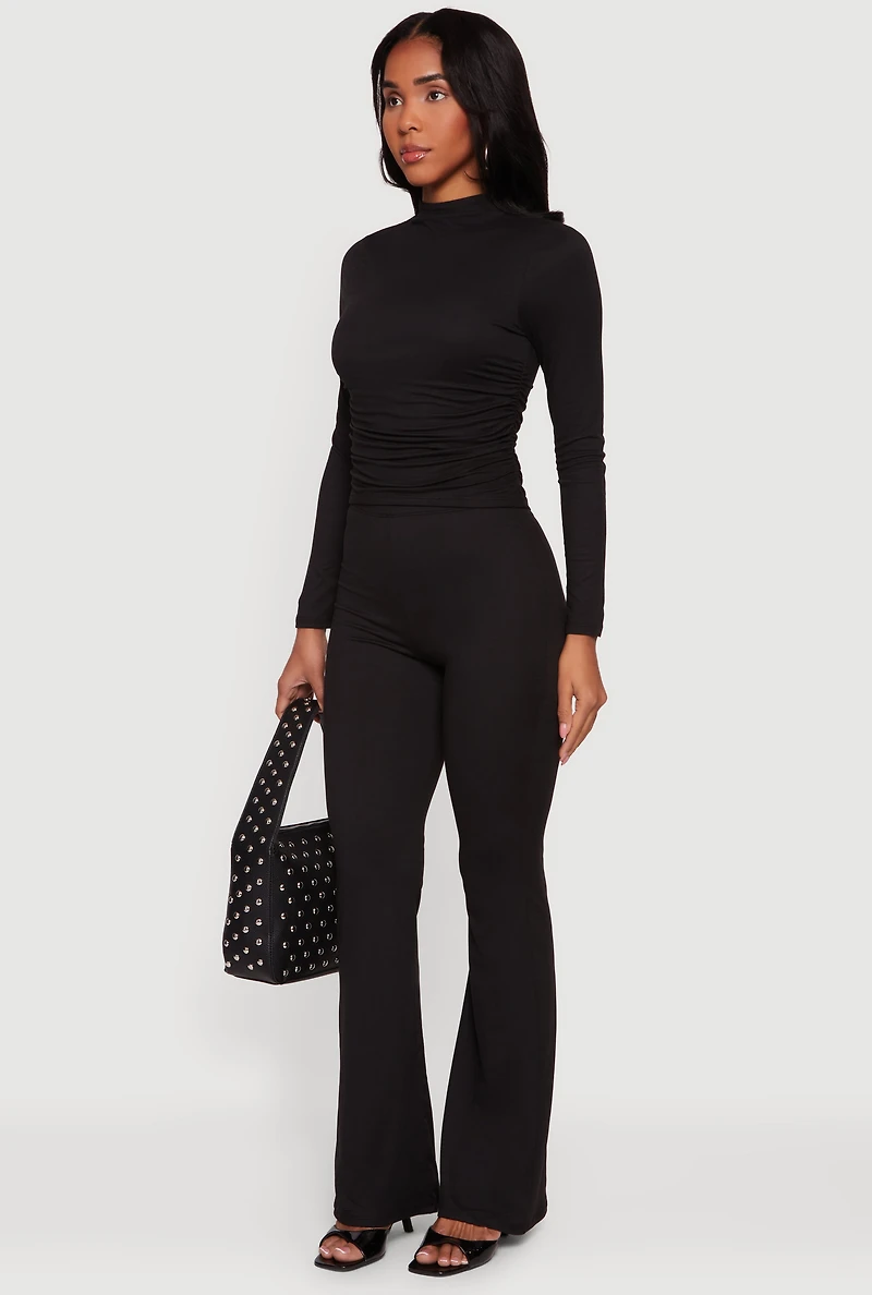 Soft Knit Ruched Side Long Sleeve Mock Neck Top