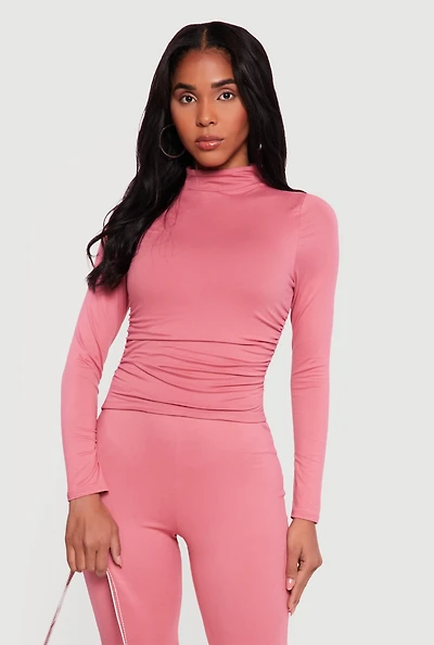 Soft Knit Ruched Side Long Sleeve Mock Neck Top