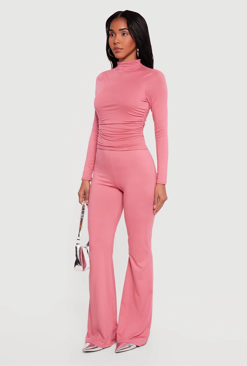 Soft Knit Ruched Side Long Sleeve Mock Neck Top