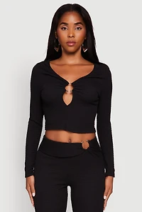 Womens O Ring Cut Out Textured Knit Cropped Blouse, L