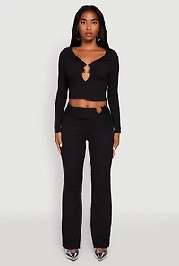 Womens O Ring Cut Out Textured Knit Cropped Blouse,