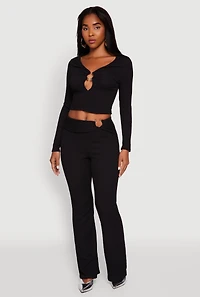 Womens O Ring Cut Out Textured Knit Cropped Blouse, L