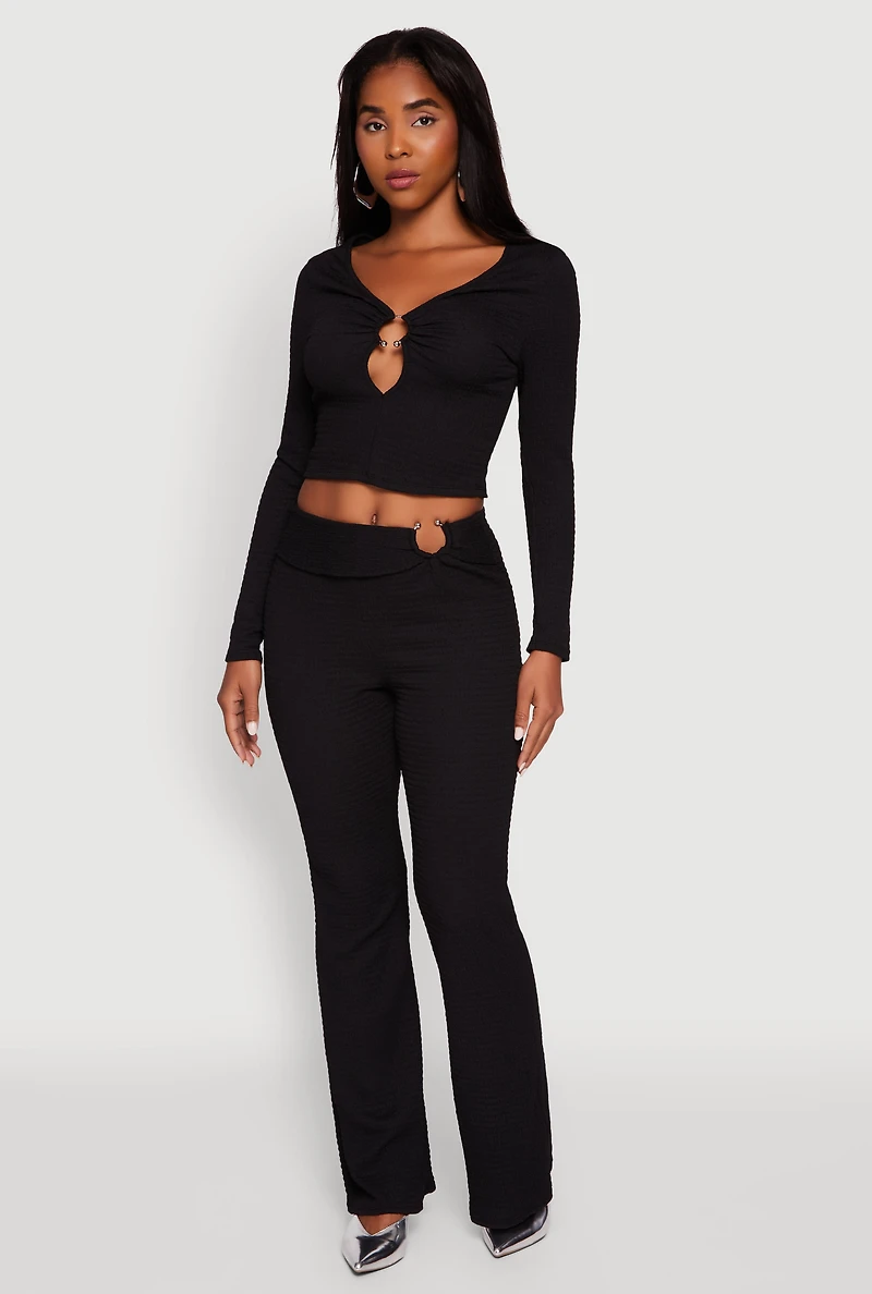 Womens O Ring Cut Out Textured Knit Cropped Blouse,