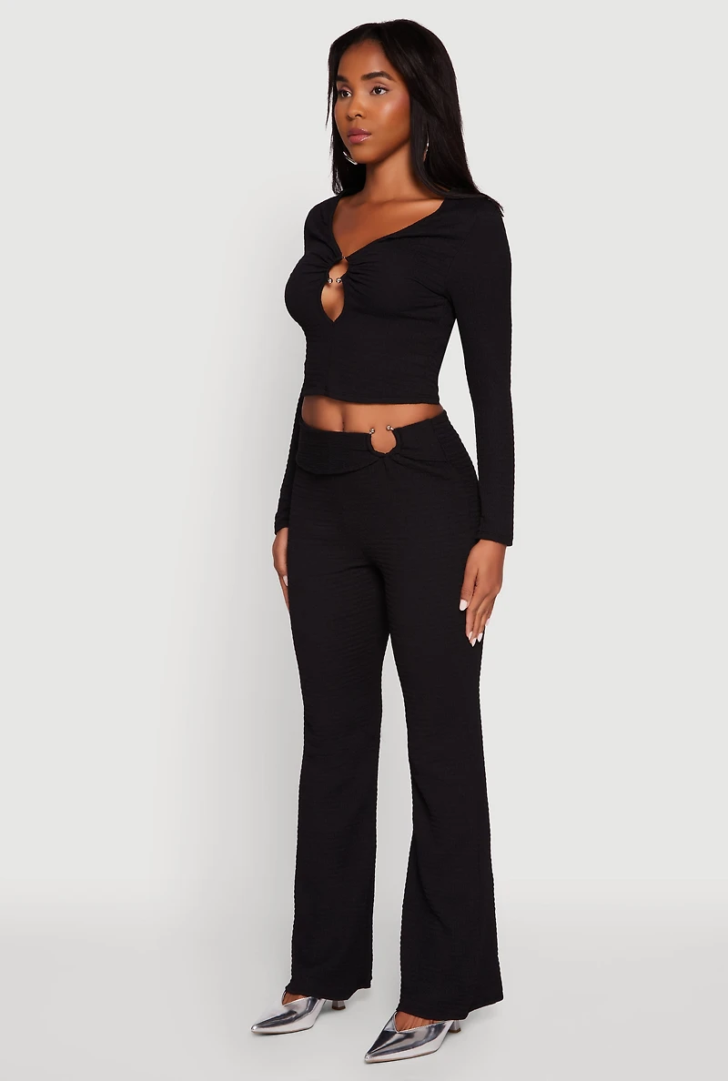 Womens O Ring Cut Out Textured Knit Cropped Blouse,