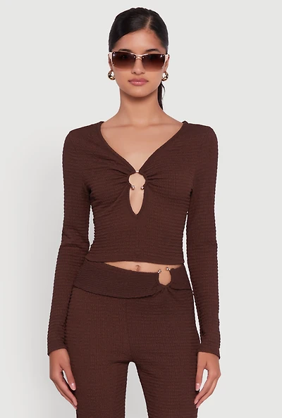 Womens O Ring Cut Out Textured Knit Cropped Blouse,