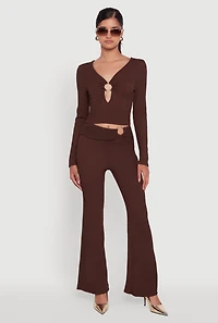 Womens O Ring Cut Out Textured Knit Cropped Blouse,