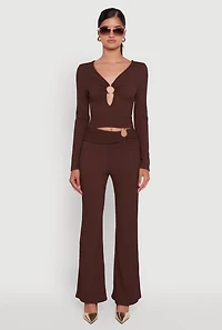 Womens O Ring Cut Out Textured Knit Cropped Blouse,