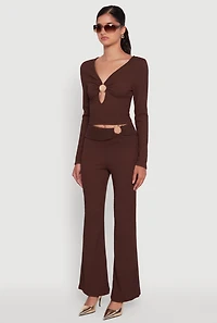 Womens O Ring Cut Out Textured Knit Cropped Blouse,