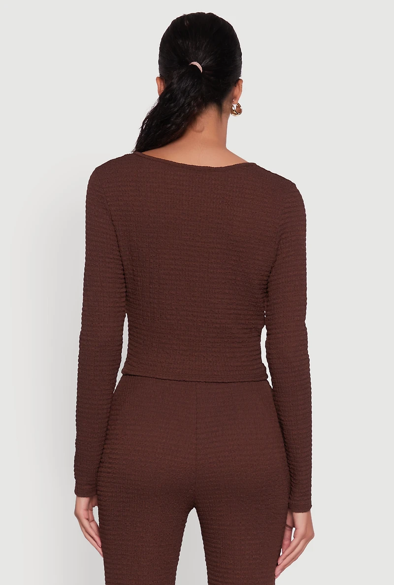 Womens O Ring Cut Out Textured Knit Cropped Blouse, Brown, Size XL
