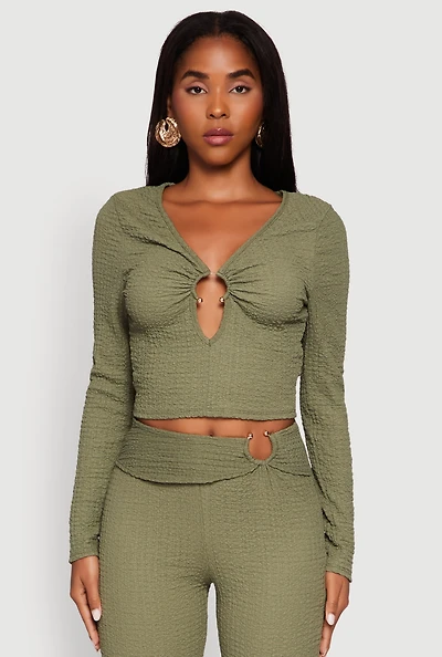 Womens O Ring Cut Out Textured Knit Cropped Blouse,