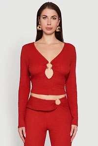 Womens O Ring Cut Out Textured Knit Cropped Blouse, Red,