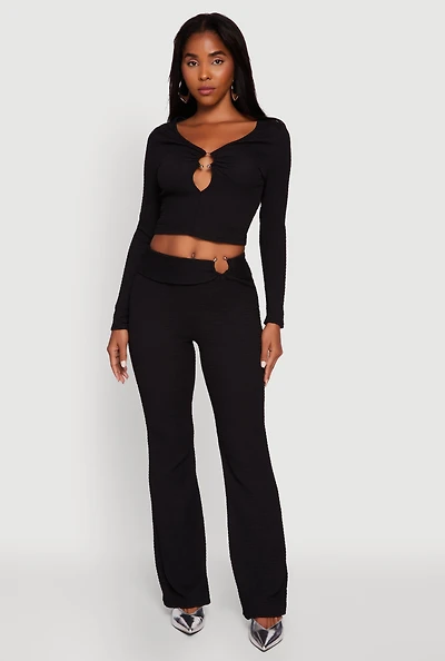 Womens Metallic O-Ring Keyhole Belted Front Flare Pants, Black, Size XL