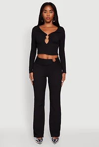 Womens Metallic O-Ring Keyhole Belted Front Flare Pants, Black, Size M