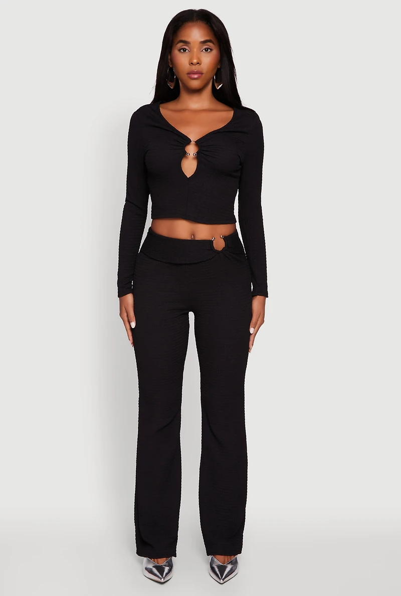 Womens Metallic O-Ring Keyhole Belted Front Flare Pants, Black, Size XL