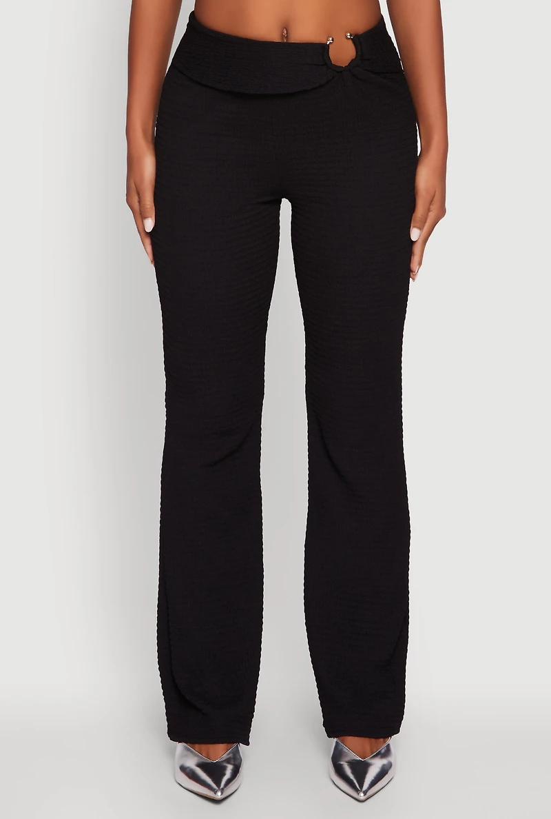 Womens Metallic O-Ring Keyhole Belted Front Flare Pants, Black, Size M