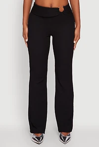 Womens Metallic O-Ring Keyhole Belted Front Flare Pants, Black, Size M