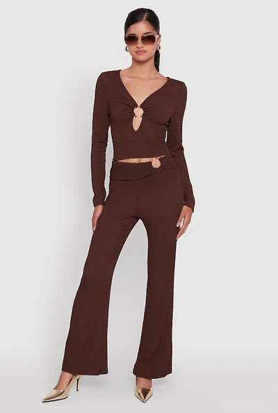 Womens Metallic O-Ring Keyhole Belted Front Flare Pants, Brown,