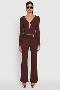 Womens Metallic O-Ring Keyhole Belted Front Flare Pants, Brown,