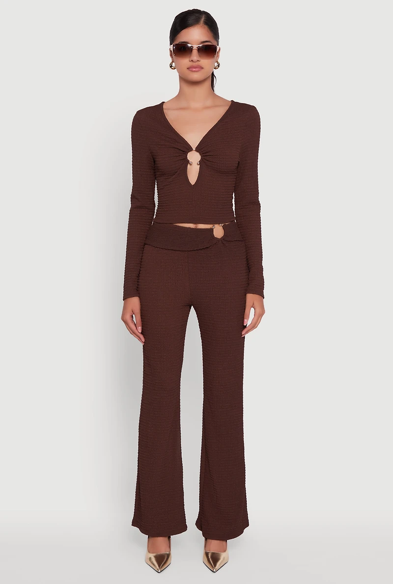 Womens Metallic O-Ring Keyhole Belted Front Flare Pants, Brown, Size XL