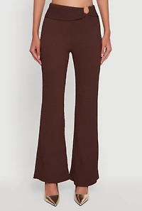 Womens Metallic O-Ring Keyhole Belted Front Flare Pants, Brown,