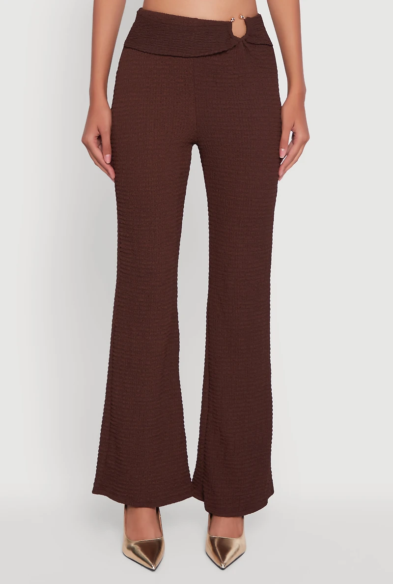 Womens Metallic O-Ring Keyhole Belted Front Flare Pants, Brown, Size XL