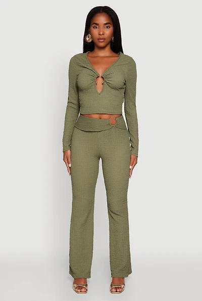 Womens Metallic O-Ring Keyhole Belted Front Flare Pants,