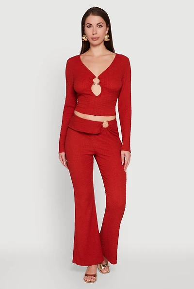 Womens Metallic O-Ring Keyhole Belted Front Flare Pants, Red, Size S