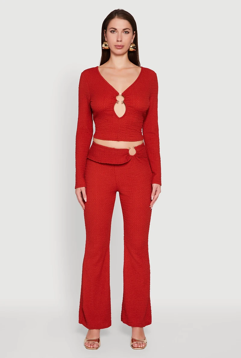 Womens Metallic O-Ring Keyhole Belted Front Flare Pants, Red, Size S