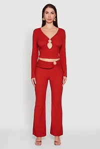 Womens Metallic O-Ring Keyhole Belted Front Flare Pants, Red, Size S