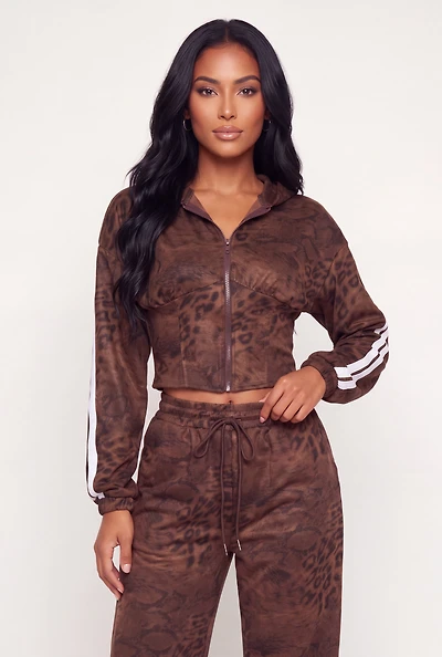 Faux Suede Animal Print Cropped Zip Front Hoodie
