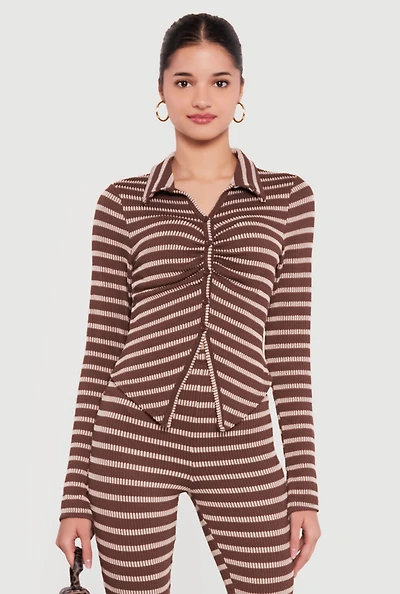 Striped Ribbed Knit Ruched Long Sleeve Top