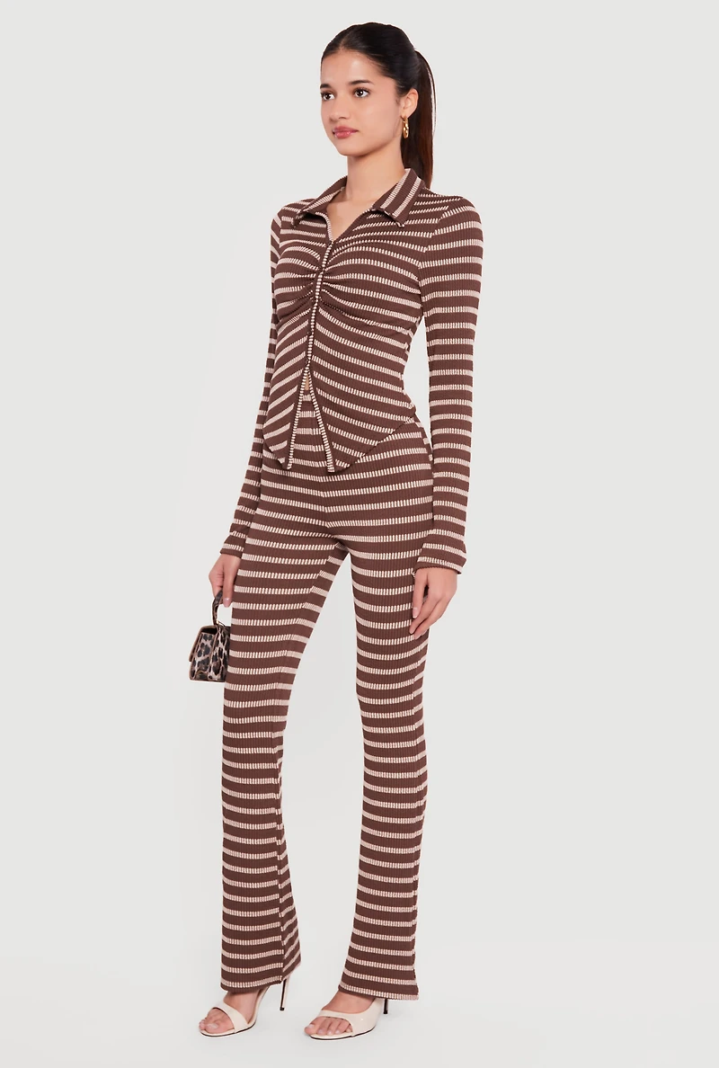 Striped Ribbed Knit Ruched Long Sleeve Top