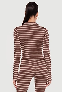 Striped Ribbed Knit Ruched Long Sleeve Top