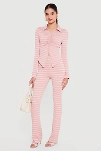High Waisted Ribbed Knit Striped Pants