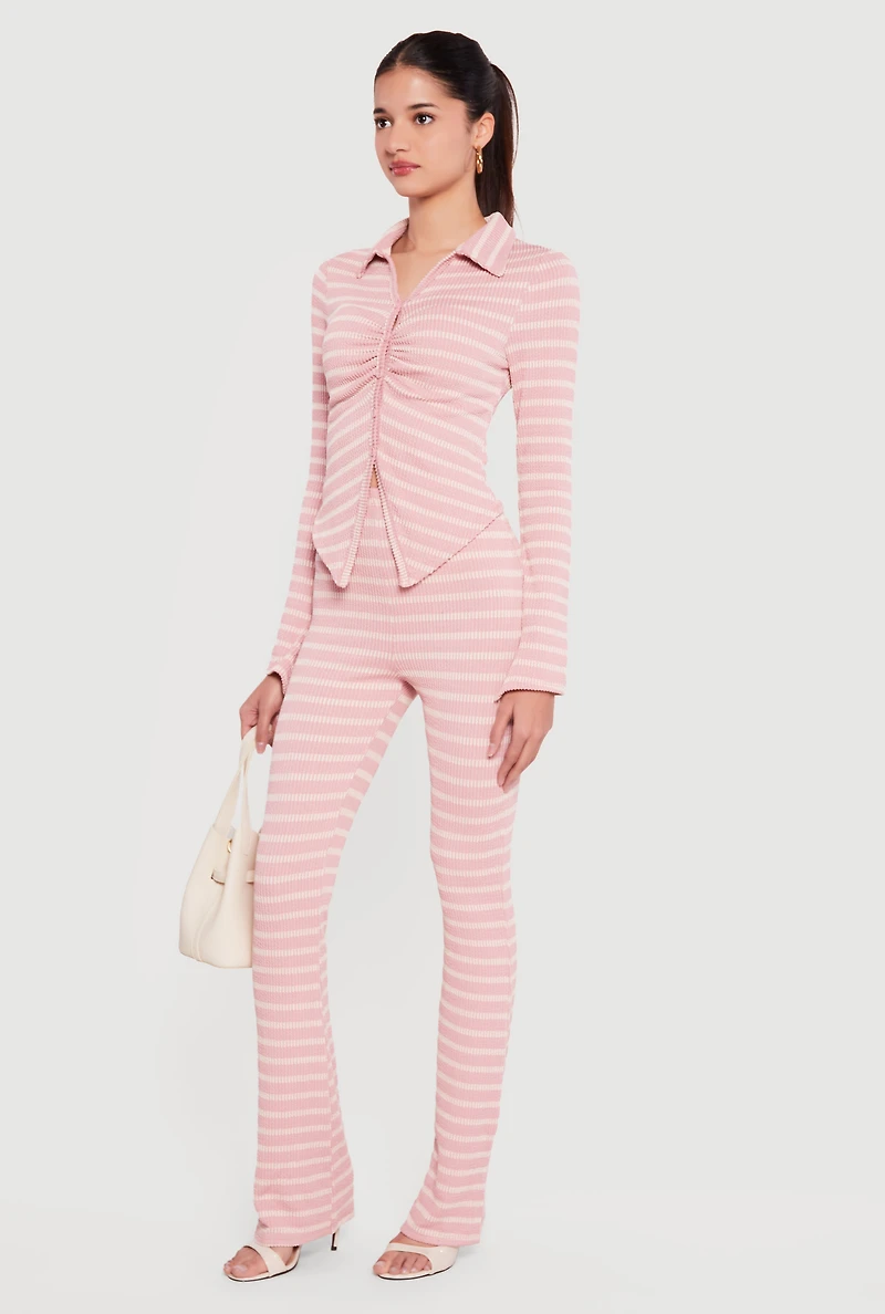 High Waisted Ribbed Knit Striped Pants