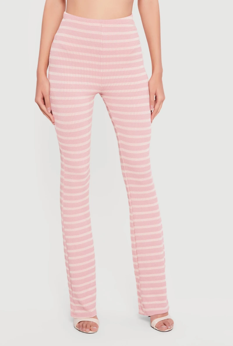 High Waisted Ribbed Knit Striped Pants
