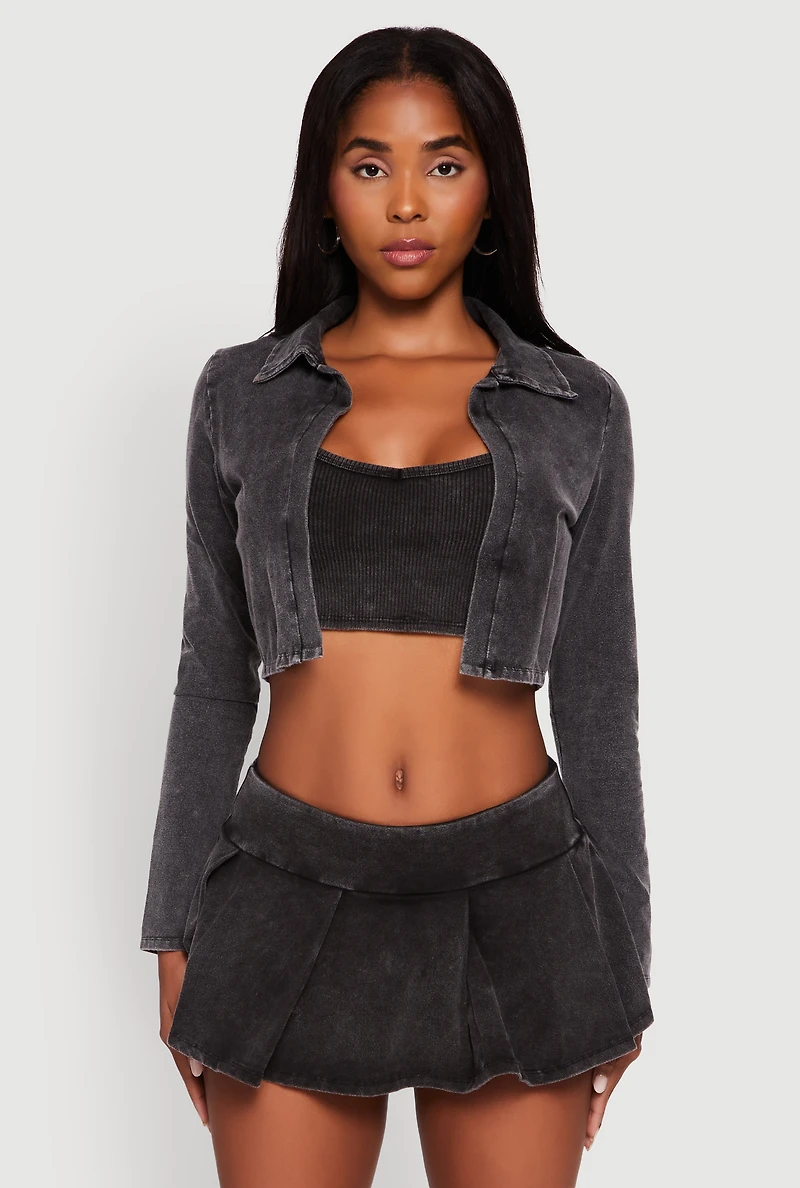 Womens Acid Wash Cropped Rib Knit Cami with Long Sleeve Jacket,