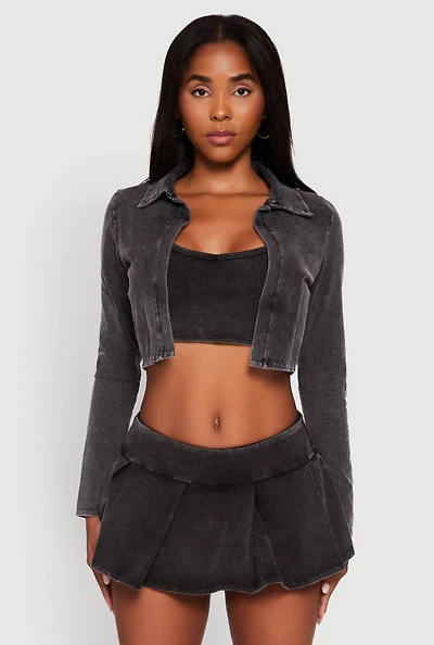 Womens Acid Wash Cropped Rib Knit Cami with Long Sleeve Jacket,