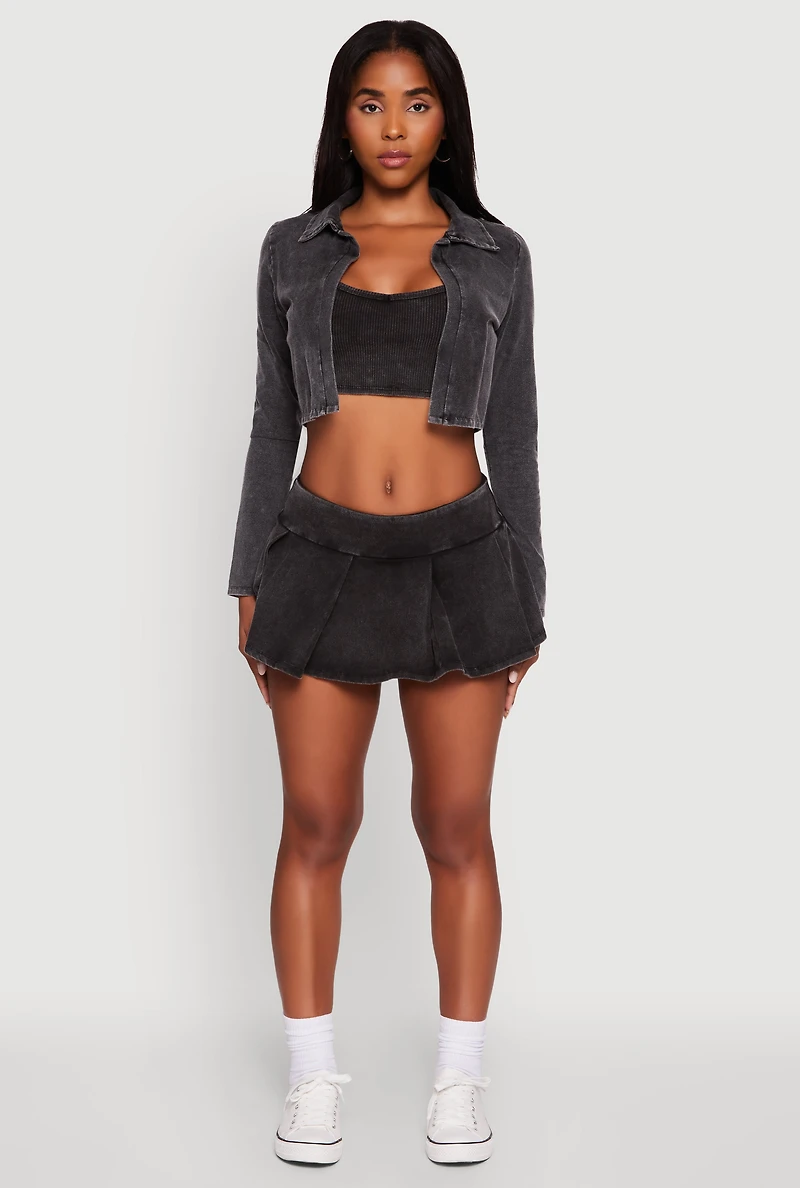 Womens Acid Wash Cropped Rib Knit Cami with Long Sleeve Jacket, L