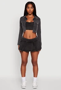 Womens Acid Wash Cropped Rib Knit Cami with Long Sleeve Jacket, L