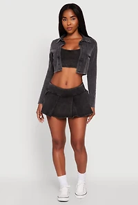 Womens Acid Wash Cropped Rib Knit Cami with Long Sleeve Jacket, Black, Size M