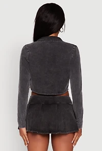 Womens Acid Wash Cropped Rib Knit Cami with Long Sleeve Jacket, Black,