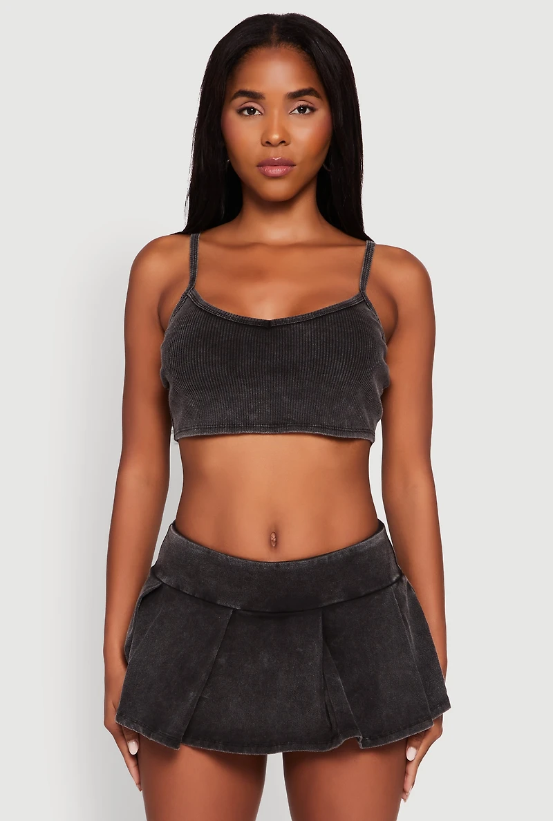 Womens Acid Wash Cropped Rib Knit Cami with Long Sleeve Jacket, Black, Size M