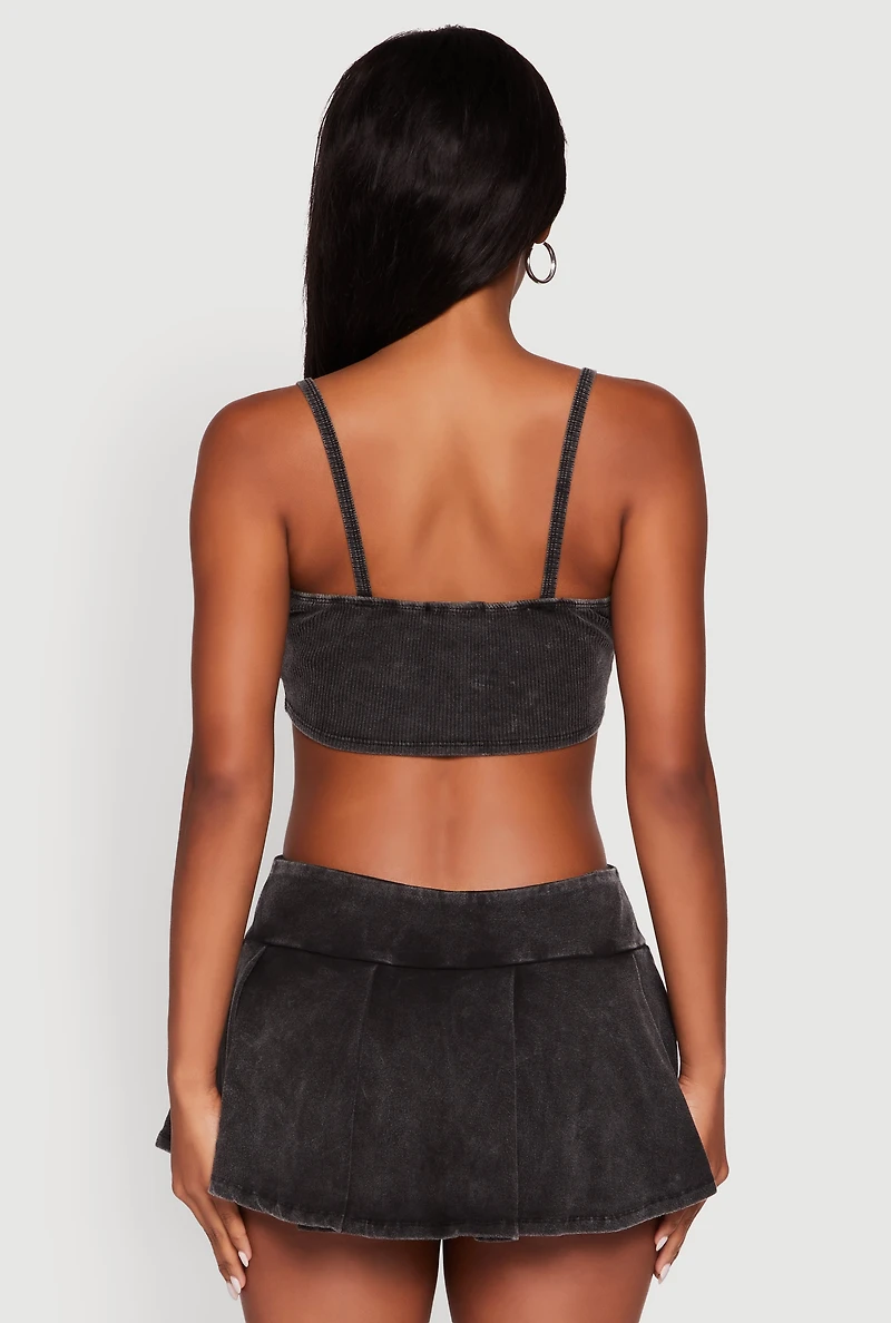 Womens Acid Wash Cropped Rib Knit Cami with Long Sleeve Jacket, Black, Size M