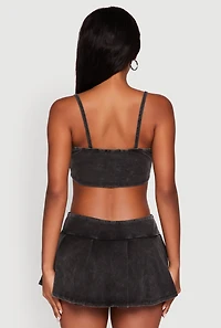 Womens Acid Wash Cropped Rib Knit Cami with Long Sleeve Jacket, Black, Size M