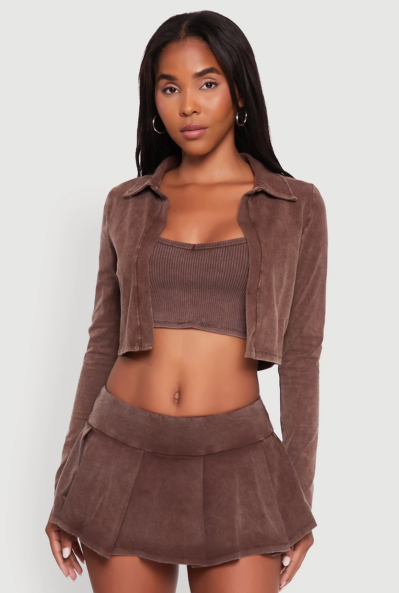 Acid Wash Cropped Rib Knit Cami with Long Sleeve Jacket