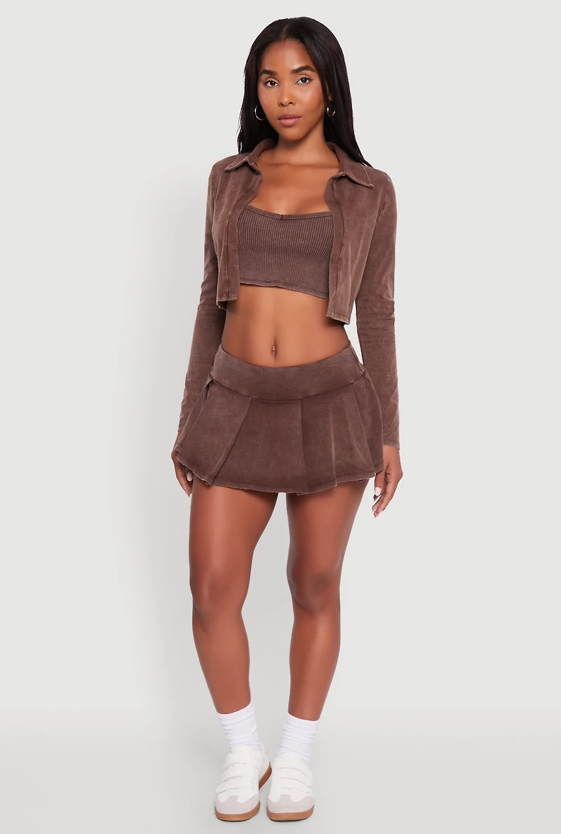 Womens Acid Wash Cropped Rib Knit Cami with Long Sleeve Jacket, Brown, Size M